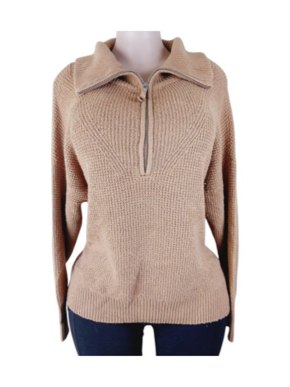 Aerie Women's Camel Brown Cozy Up Quarter-Zip Ribbed Pullover Sweater Size M